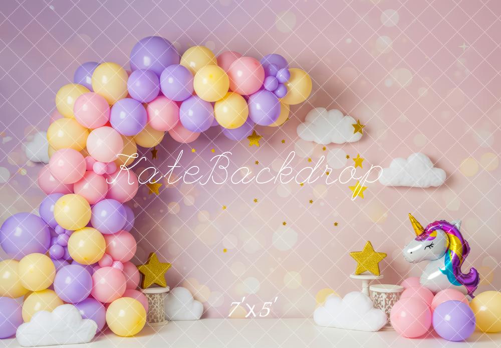 Kate Cake Smash Pastel Balloon Arch Unicorn Clouds Stars Backdrop Designed by Patty Roberts