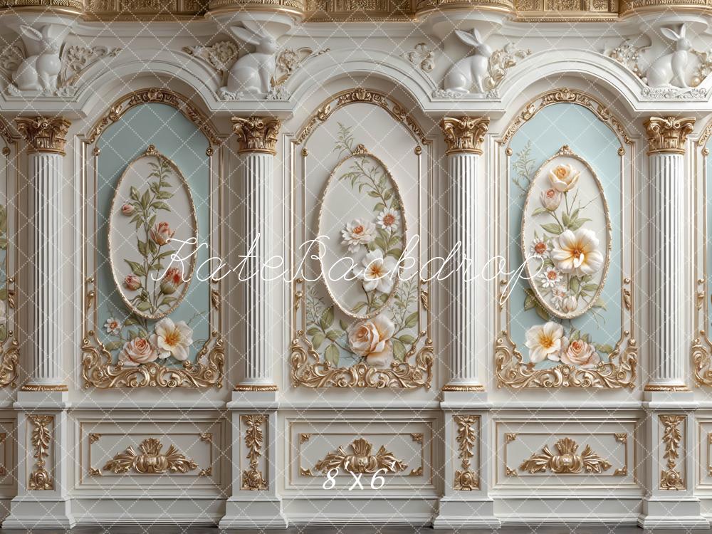Kate Spring Ornate Floral Panel Column Rabbit Printed Backdrop Designed by Mini MakeBelieve