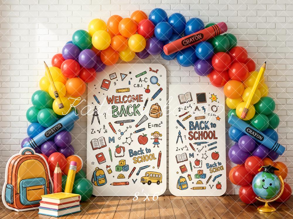 TEST Kate Back to School Rainbow Balloon Arch Crayon Books Backpack Printed Backdrop Designed by Chain Photography