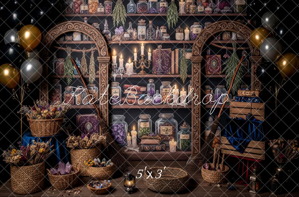 Kate Fantasy Potion Library Shelves Candles Baskets Brooms Backdrop Designed by Patty Roberts