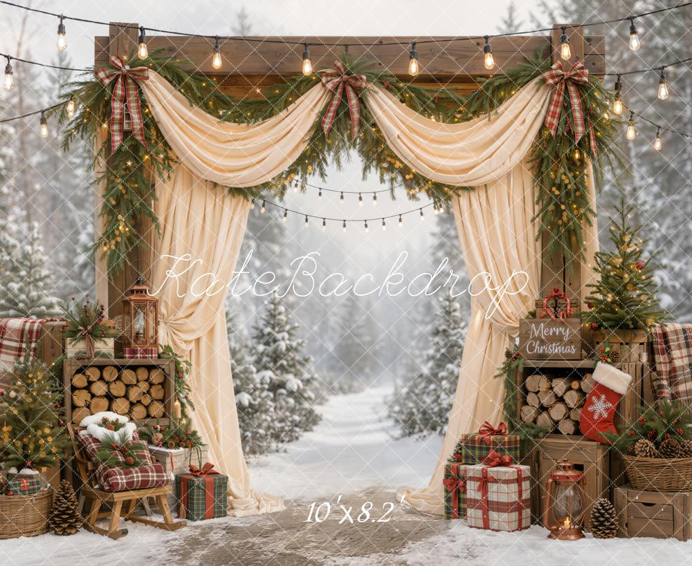 Kate Christmas Outdoor Cream Curtains Arch Pine Trees Plaid Gifts Wood Printed Backdrop Designed by Emetselch