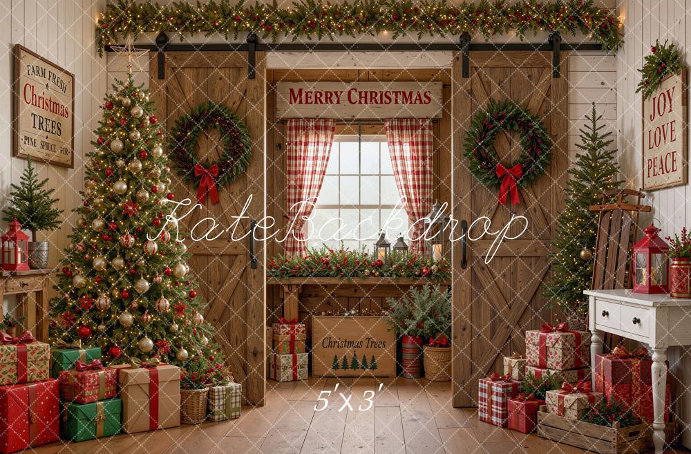 Kate Christmas Wood Barn Doors Tree Gifts Window Plaid Printed Backdrop Designed by Shutter Swan Studios