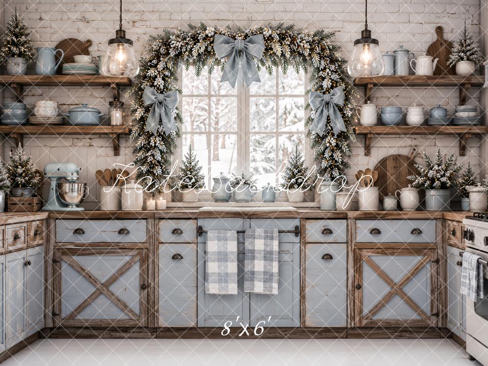 Kate Christmas Kitchen Blue Cabinet Garland Rustic Snow Printed Backdrop Designed by Ashley Paul