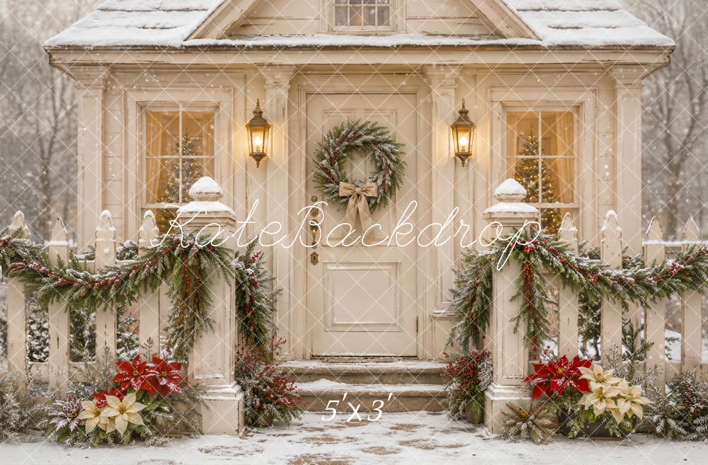 Kate Christmas White Cottage Snow Garland Wreath Printed Backdrop Designed by Emetselch