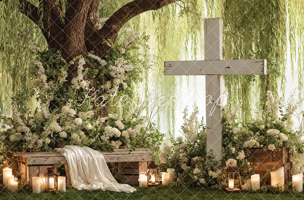 Kate Spring Cross Floral Bench Candles and Willow Tree Backdrop Designed by Emetselch