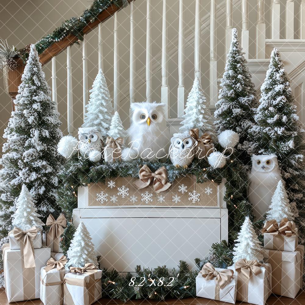 Kate Christmas Owls Snow Trees Staircase Gifts Backdrop Designed by Mini MakeBelieve