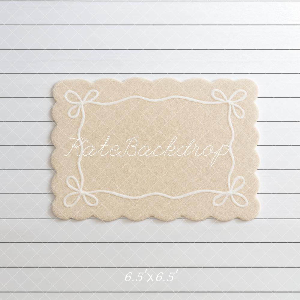 Kate Beige Rug with White Bows on White Shiplap Floor Backdrop Designed by Mini MakeBelieve