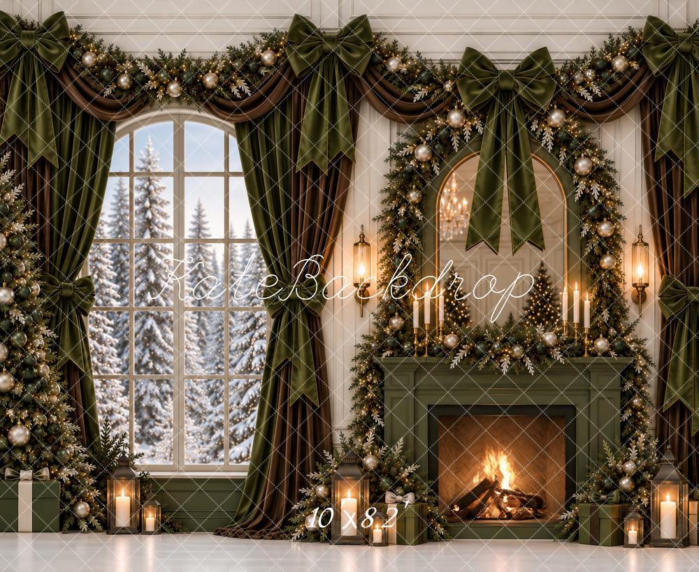 Kate Christmas Olive Green Fireplace Mirror Garland Bows Window Snowy Printed Backdrop Designed by Ashley Paul