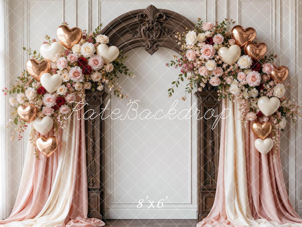Kate Valentine's Day Flower Arch Heart Balloons Draped Curtains Printed Backdrop Designed by Mini MakeBelieve