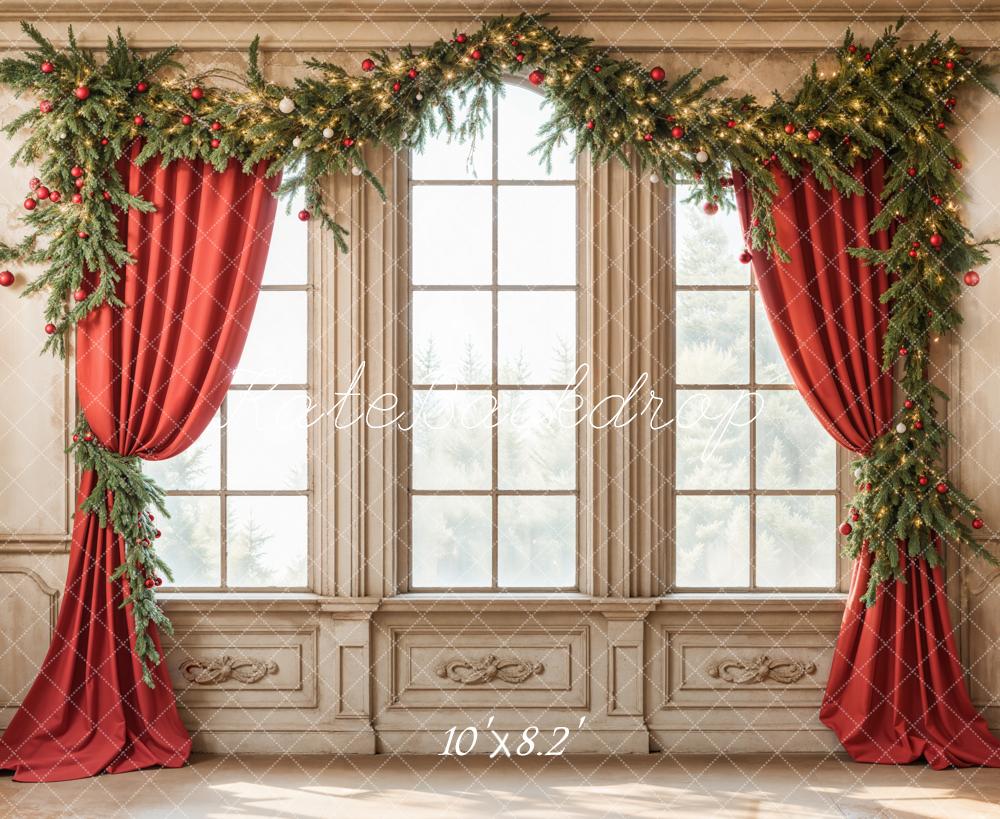 Kate Christmas Garland Window Red Curtains Backdrop Designed by Emetselch