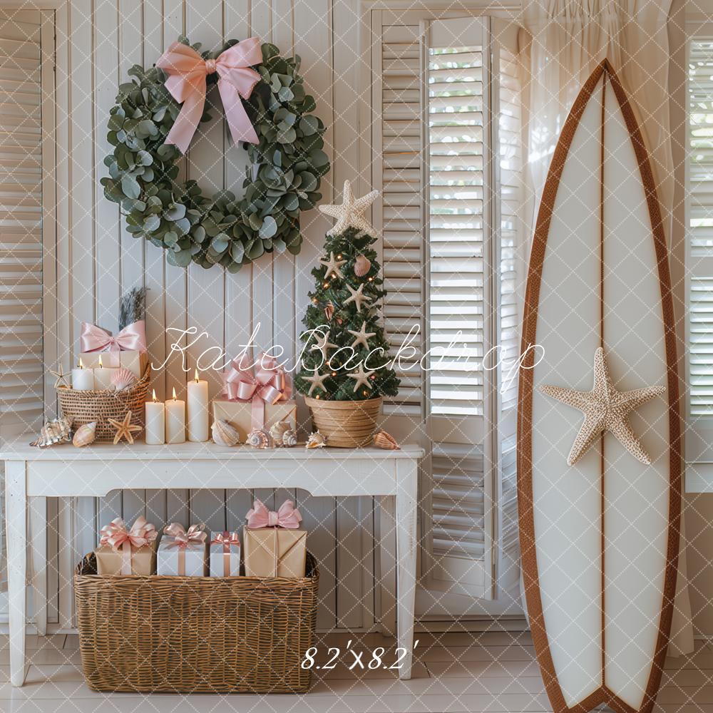 Kate Christmas Australia Interior Wreath Surfboard Starfish Table Backdrop Designed by Mini MakeBelieve