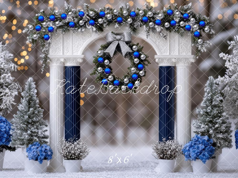 Kate Christmas Arch Blue Silver Wreath Snow Trees Backdrop Designed by Mini MakeBelieve