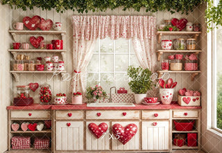 Kate Valentine's Day Red Heart Plates Kitchen Cupboard Photography Printed Backdrop Designed by Emetselch