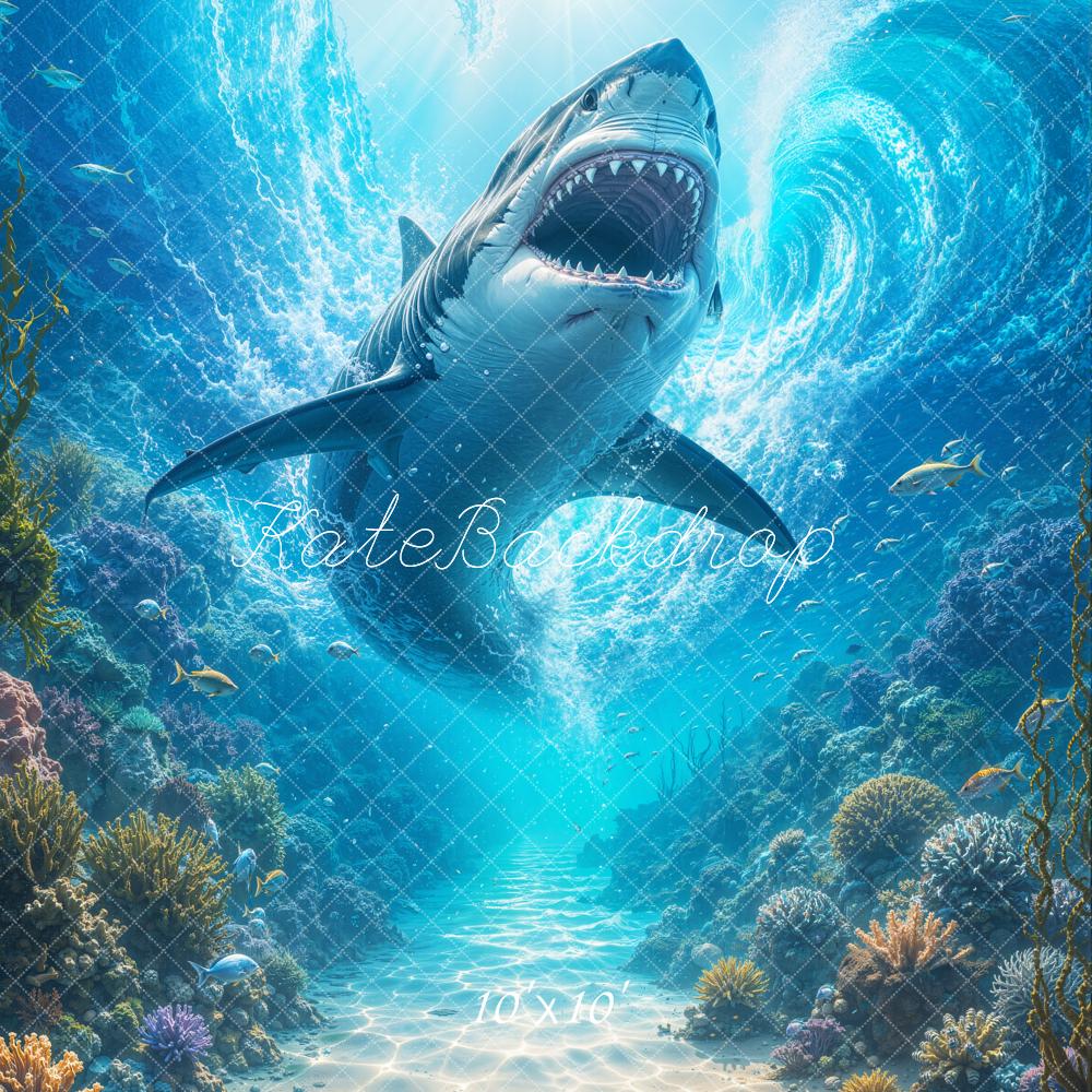 Kate Underwater Ocean Shark Coral Reef Adventure Printed Backdrop Designed by Emetselch