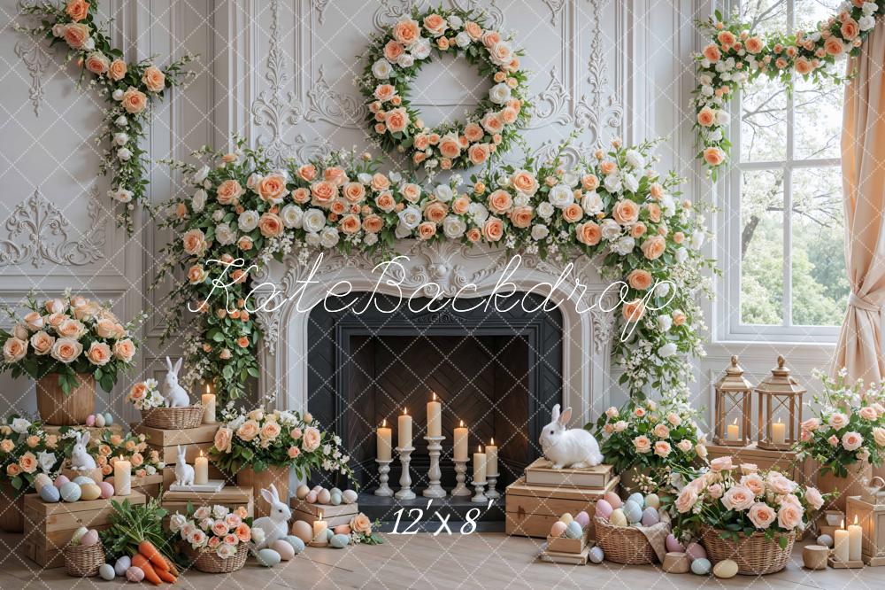 Kate Easter Bunny Floral Fireplace Pastel Eggs Backdrop Designed by Mini MakeBelieve
