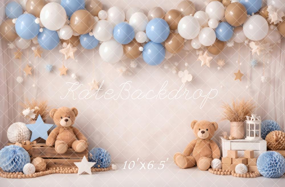 Kate Cake Smash Teddy Bear Blue Brown Balloons Stars Printed Backdrop Designed by Vertigo Productions