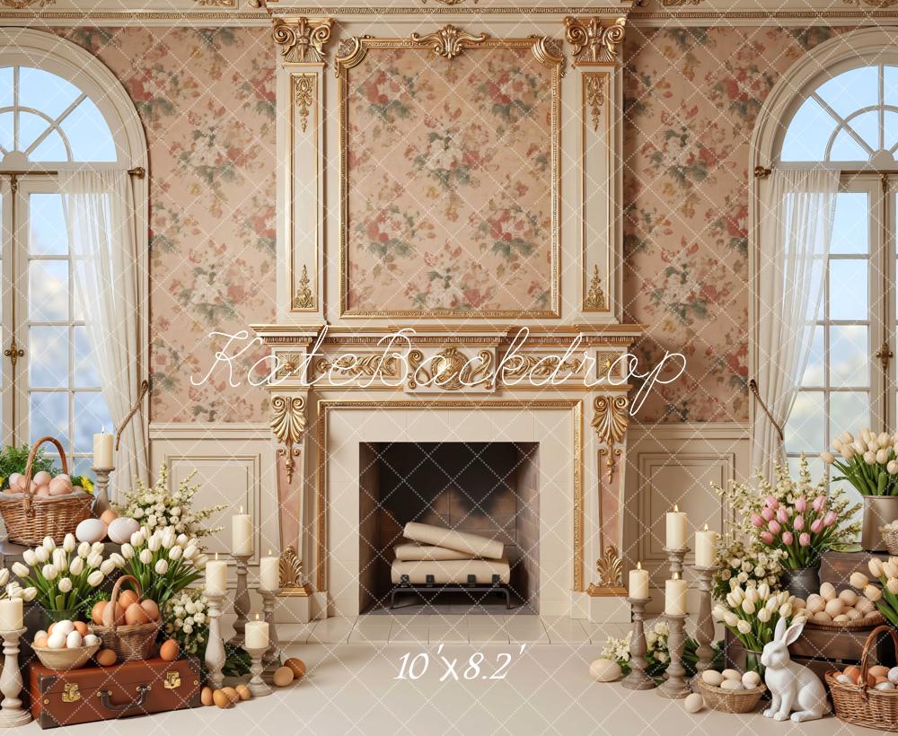 Kate Easter Bunny Fireplace Floral Eggs Printed Backdrop Designed by Mini MakeBelieve