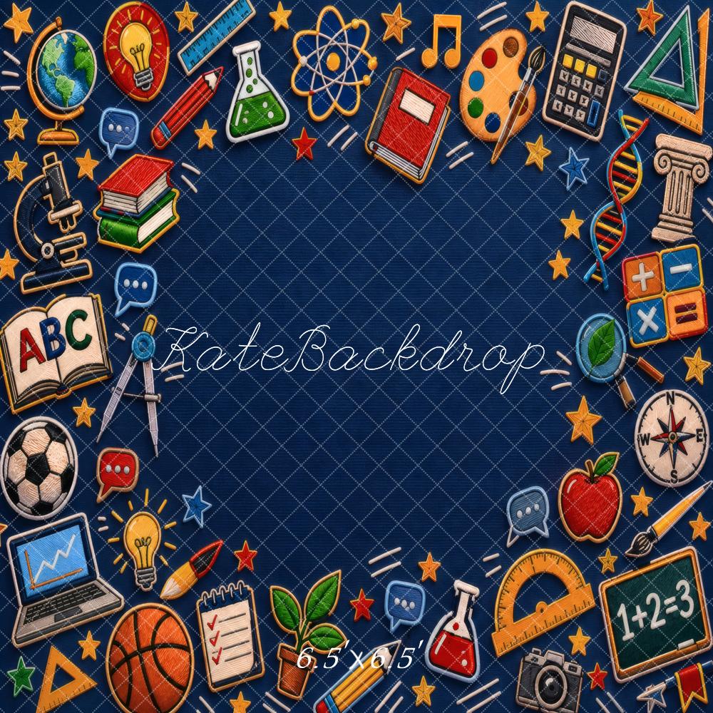Kate Back To School Blue Books Globe Calculator Art Sports Printed Backdrop Designed by Vertigo Productions