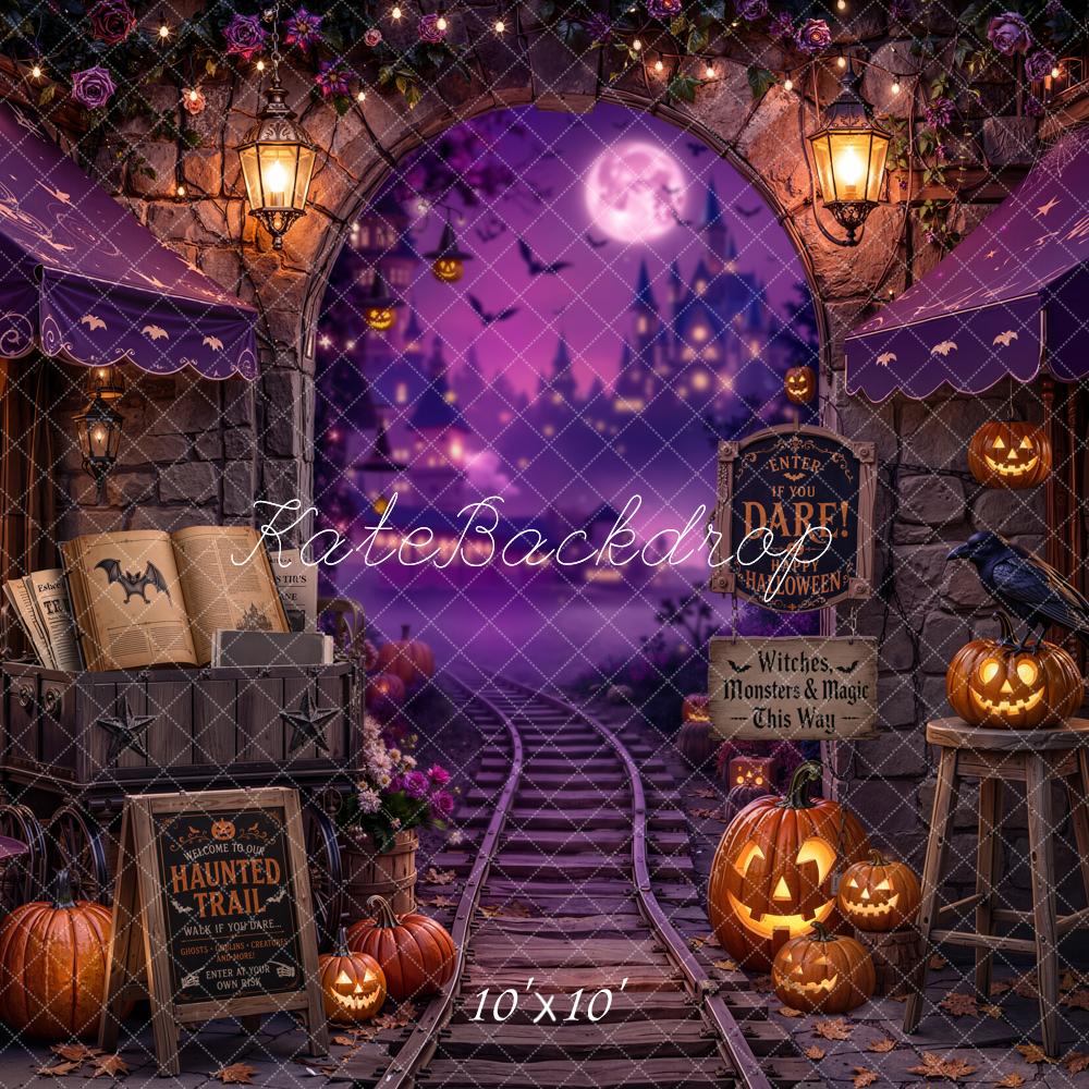 Kate Halloween Purple Haunted Train Station Witch Printed Backdrop Designed by Chain Photography