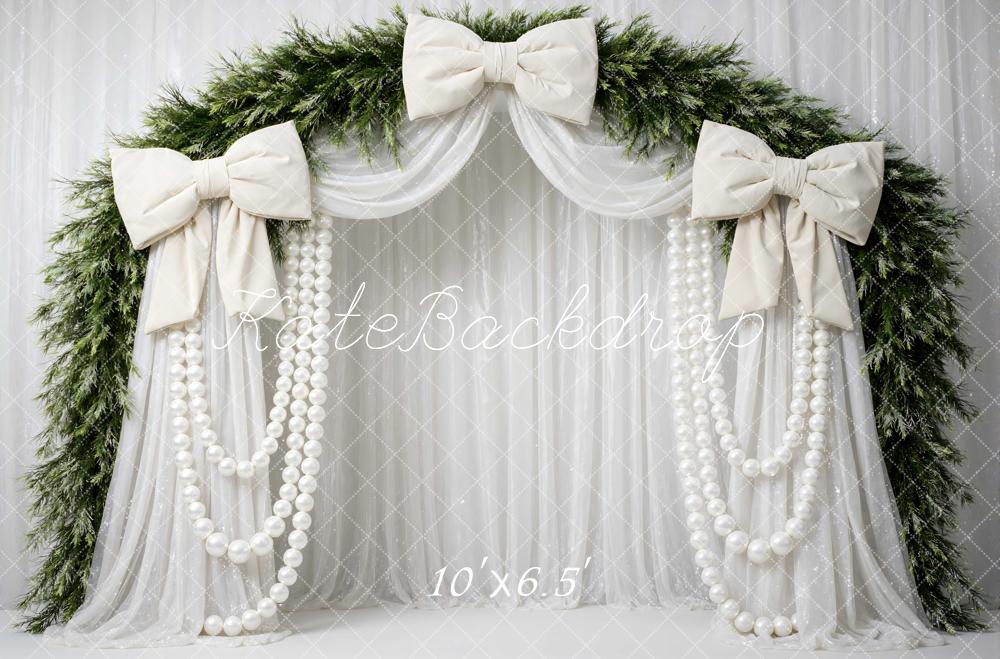 Kate Christmas Bows Pearls Garland Flower Arch Greenery Drapes Printed Backdrop Designed by Mini MakeBelieve