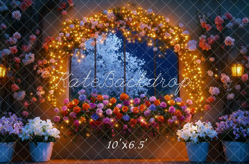 Kate Dreamy Flower Arch Window Glowing Night Backdrop Designed by Mini MakeBelieve