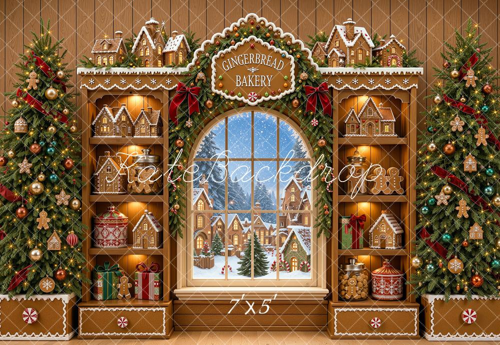 Kate Christmas Trees Gingerbread Bakery Snowy Window Printed Backdrop Designed by Shutter Swan Studios