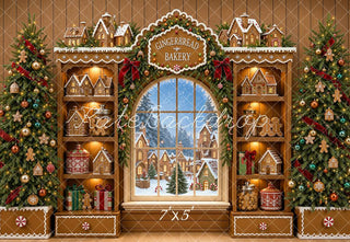 Kate Christmas Trees Gingerbread Bakery Snowy Window Printed Backdrop Designed by Shutter Swan Studios