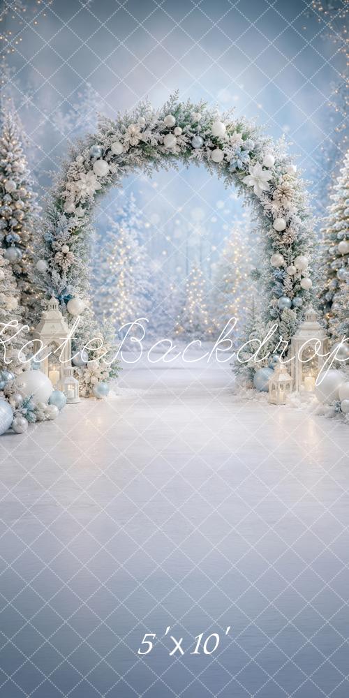 Kate Sweep Christmas Wonderland Frosted Arch Snowy Floral Printed Backdrop Designed by Happy Squirrel Design