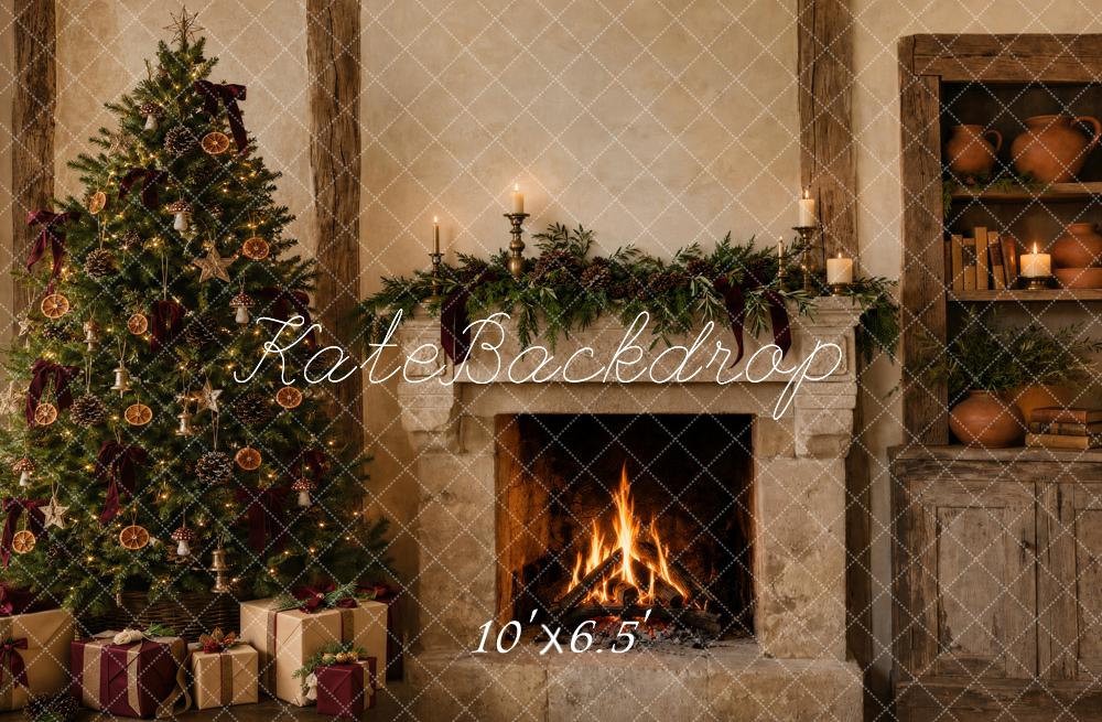 Kate Christmas Rustic Fireplace Tree Cabinet Printed Backdrop Designed by Vertigo Productions