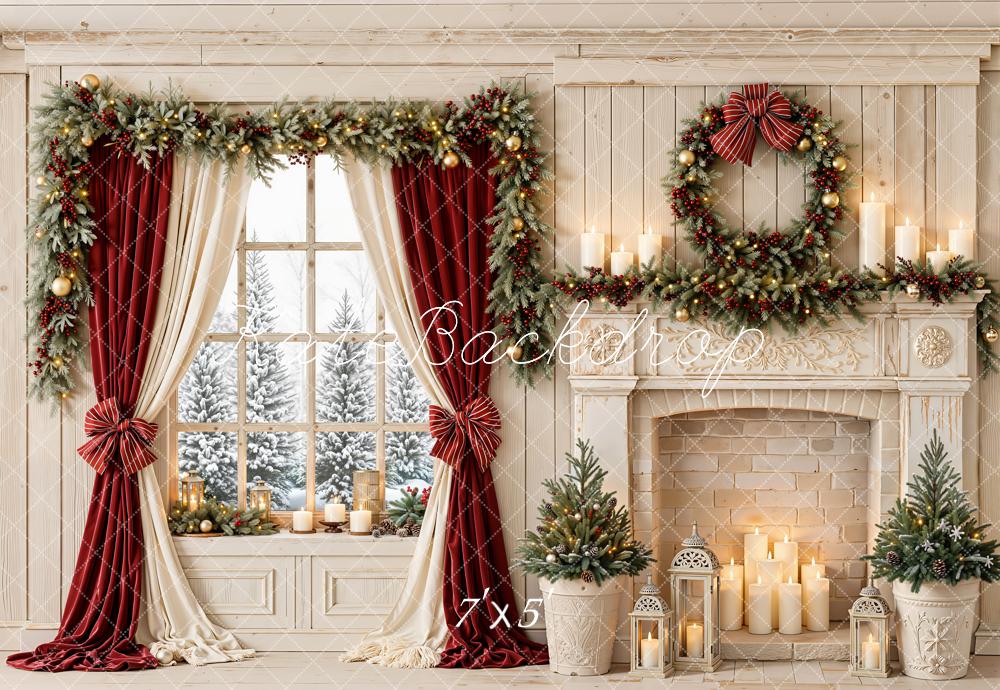 Kate Christmas Fireplace Wreath Window Red Curtains Garland Printed Backdrop Designed by Emetselch