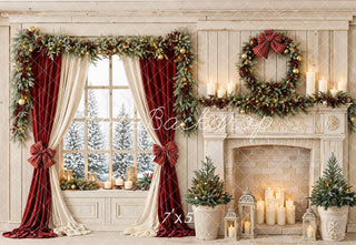 Kate Christmas Fireplace Wreath Window Red Curtains Garland Printed Backdrop Designed by Emetselch