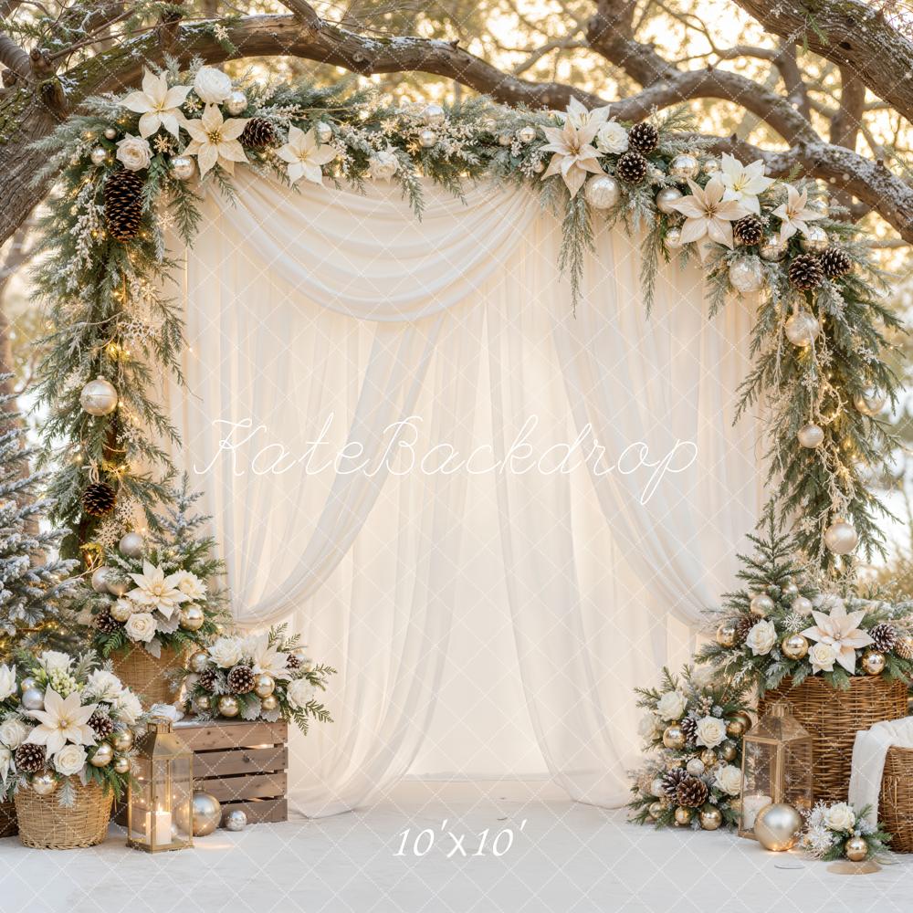 Kate Christmas White Drapes Floral Garland Lantern Arch Printed Backdrop Designed by Emetselch