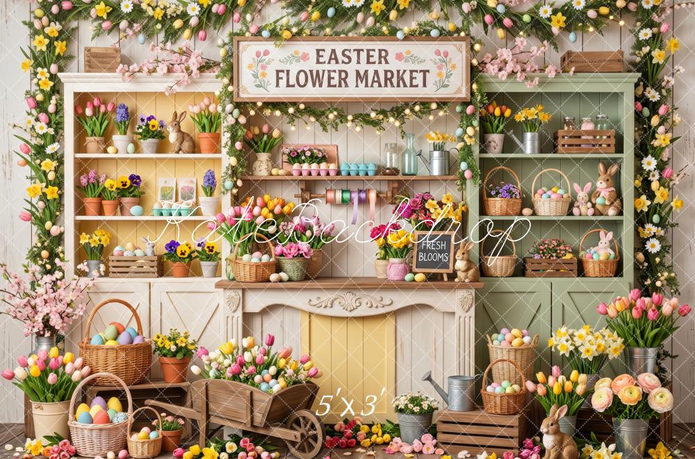 Kate Easter Flower Market Tulips Wood Shelf Eggs Printed Backdrop Designed by Patty Roberts