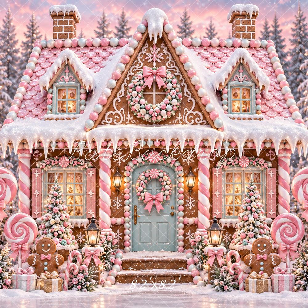 Kate Christmas Pink Gingerbread House Candy Cane Snowy Printed Backdrop Designed by Ashley Paul