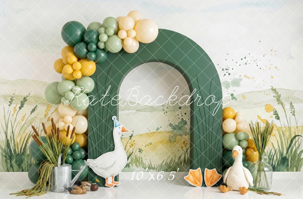 Kate Spring Birthday Green Garden Arch Geese Balloon Garland Printed Backdrop Designed by Patty Roberts
