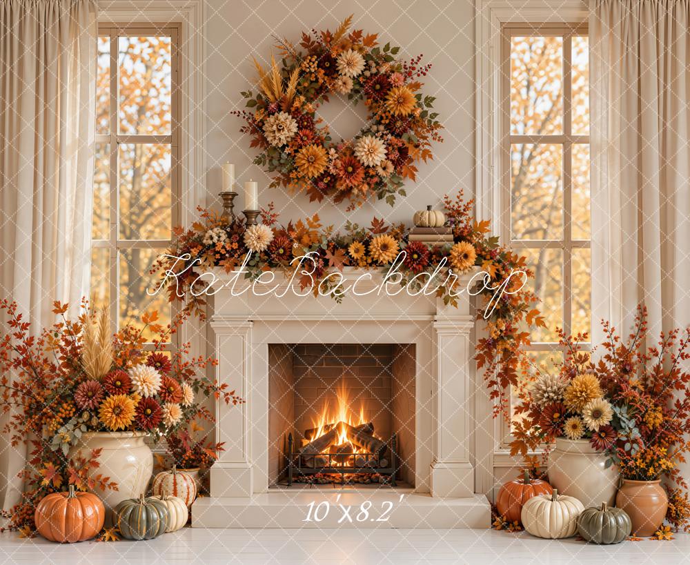 Kate Fall Fireplace Floral Wreath Pumpkins Printed Backdrop Designed by Emetselch