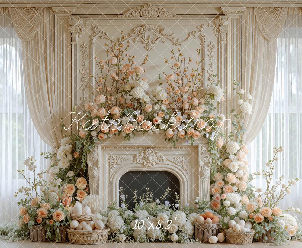 Kate Easter Bunny Flower Arch Fireplace Printed Backdrop Designed by Mini MakeBelieve