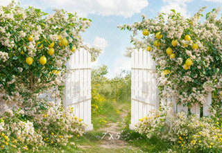 Kate Summer Lemon Garden Gate Printed Backdrop Designed by Emetselch