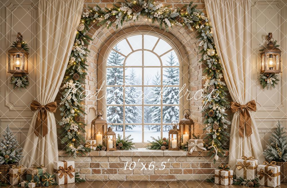 Kate Christmas Beige Arched Window Garland Curtains Bow Printed Backdrop Designed by Emetselch