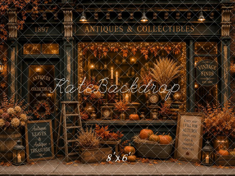 Kate Fall Antique Store Pumpkins Maple Leaves Lanterns Printed Backdrop Designed by Ashley Ward