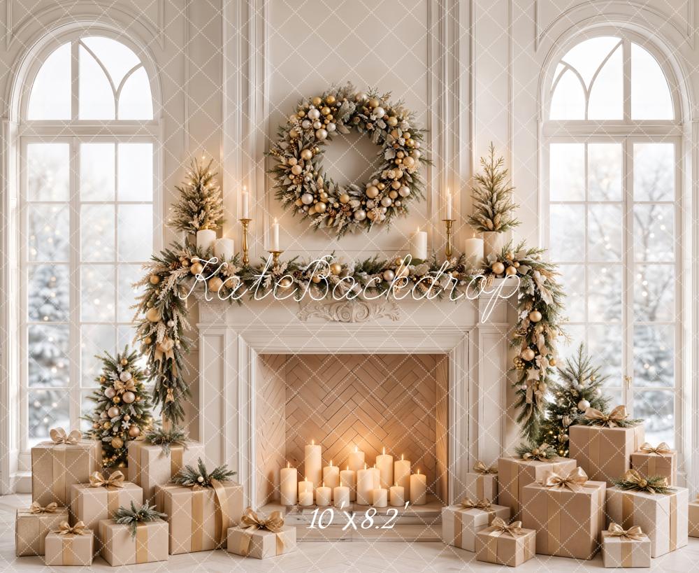 Kate Christmas Fireplace Wreath Garland Gifts White Window Printed Backdrop Designed by Emetselch