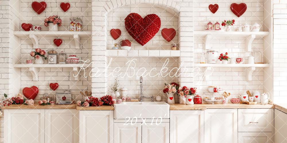 Kate Valentine's Day Red Heart Kitchen White Shelves Roses Backdrop Designed by Emetselch