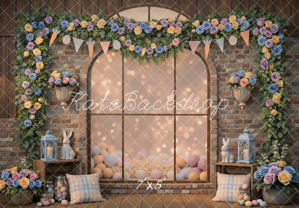 Kate Easter Bunny Flower Arch Pastel Eggs Bokeh Brick Wall Backdrop Designed by Mini MakeBelieve