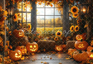 Fondo de Ventana de Calabaza y Girasoles de Halloween Diseñado por Emetselch