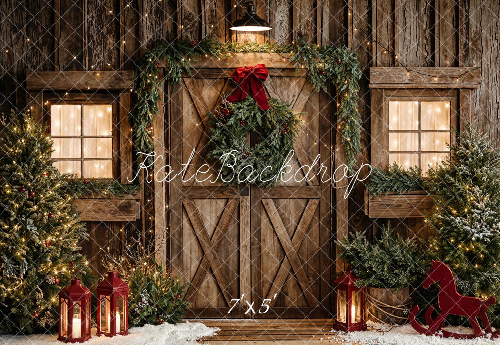 Kate Christmas Rustic Barn Door Wreath Garland Trees Lanterns Backdrop Designed by Emetselch