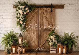 Kate Spring Barn Door Flower Arch Lanterns Greenery Printed Backdrop Designed by Emetselch