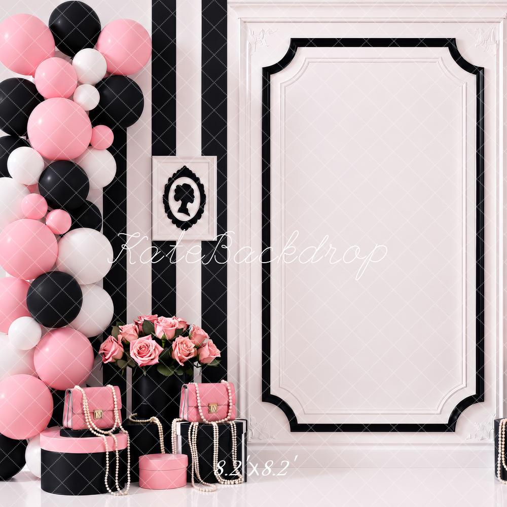 Kate Birthday Luxury Pink Black White Balloons Striped Wall Flowers Gifts Printed Backdrop Designed by Shutter Swan Studios