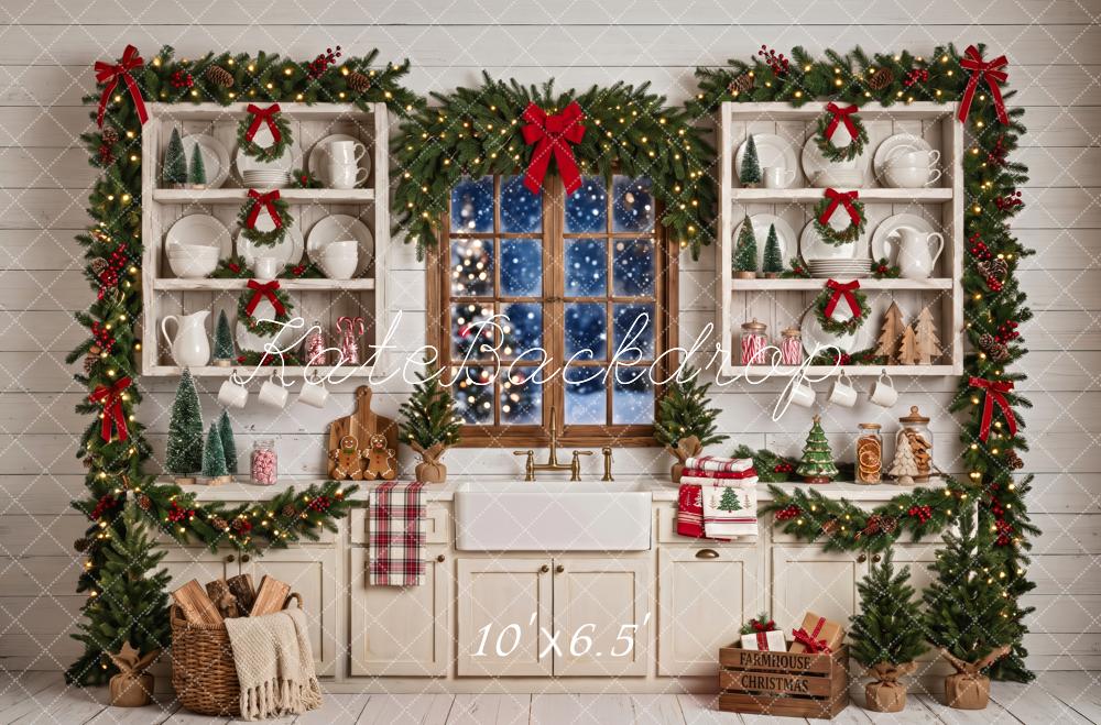 Kate Christmas Kitchen Farmhouse Window Garland White Printed Backdrop Designed by Patty Roberts