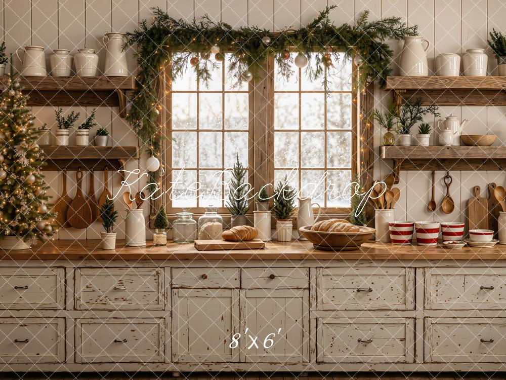 Kate Christmas Kitchen Window Garland Rustic Wooden Shelves Bread Printed Backdrop Designed by Emetselch