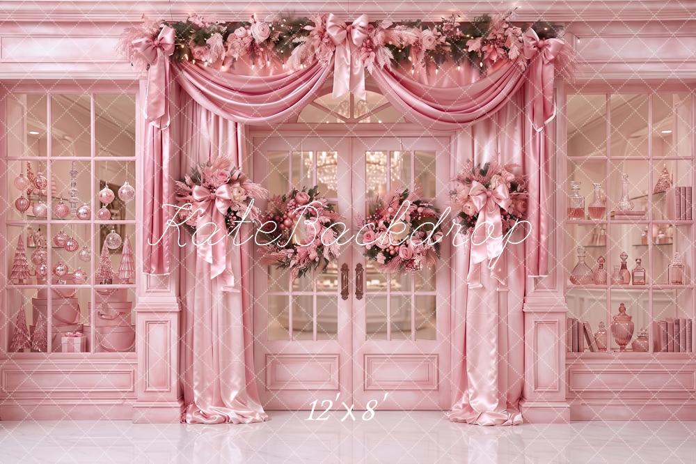 Kate Christmas Shop Pink Floral Doorway Drapery Bow Printed Backdrop Designed by Angela Miller